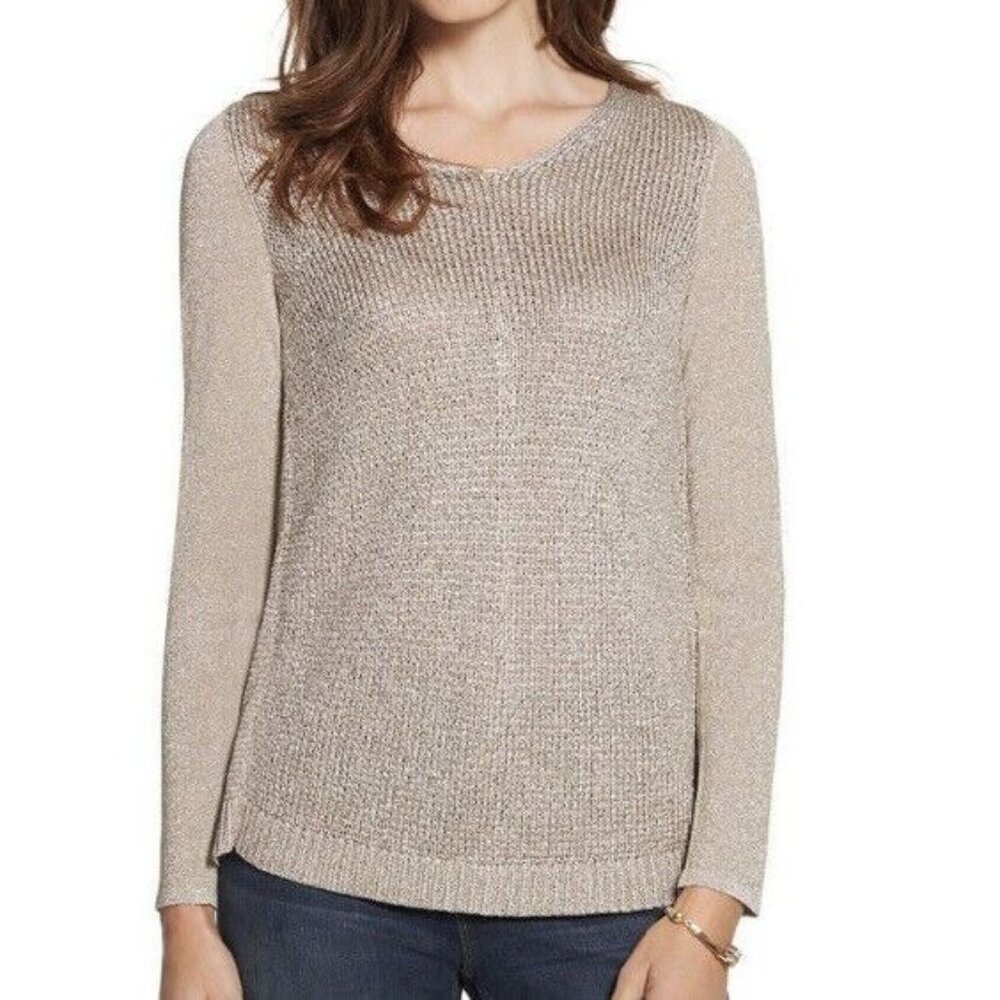 Chico’s Gold Metallic Beige Tunic Sweater Women’s Small Shimmer Long Sleeve